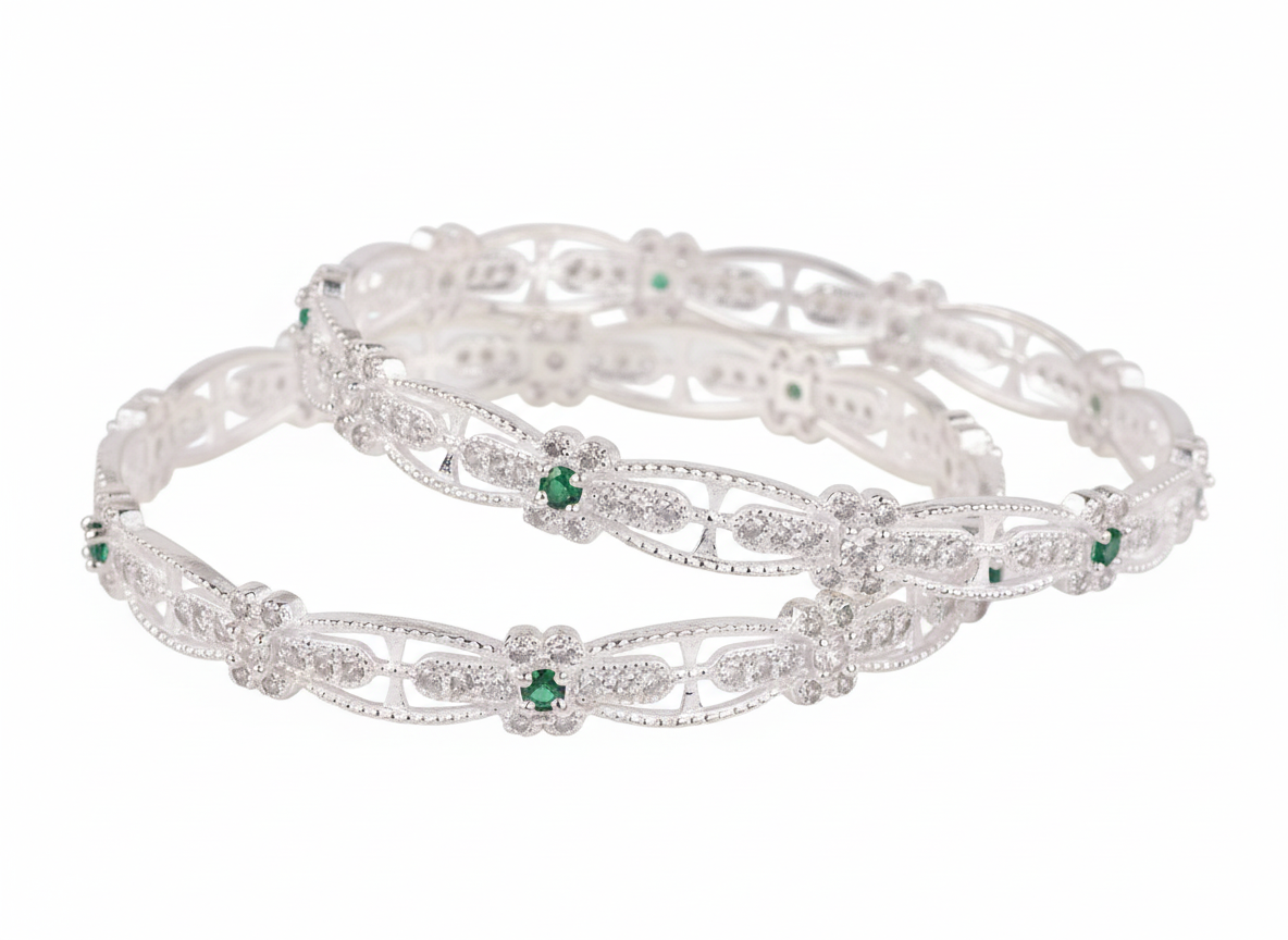 Sterling Silver Filigree Bangles with Emerald Accents