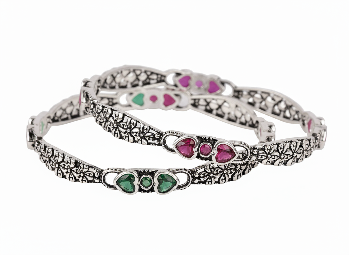 Sterling Silver Filigree Bangles with Heart Gemstones