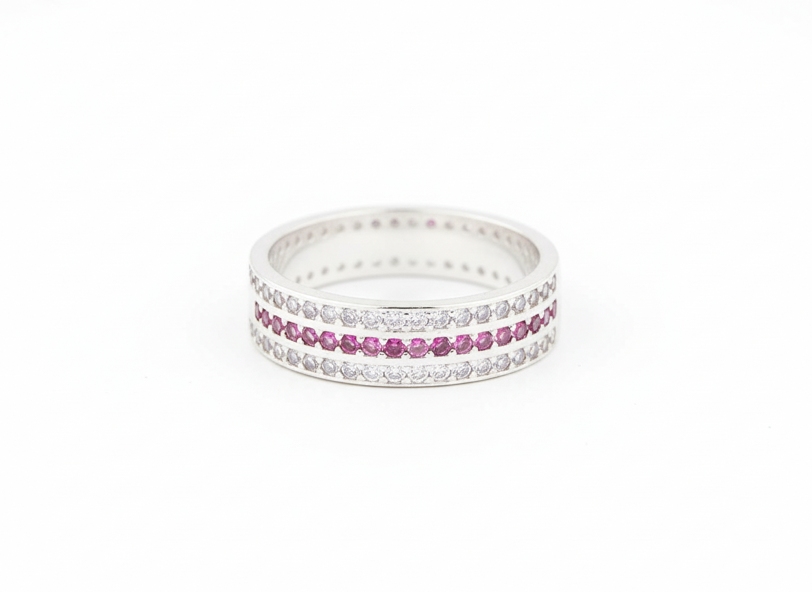 Sterling Silver Triple-Row Pink Sapphire & Crystal Ring